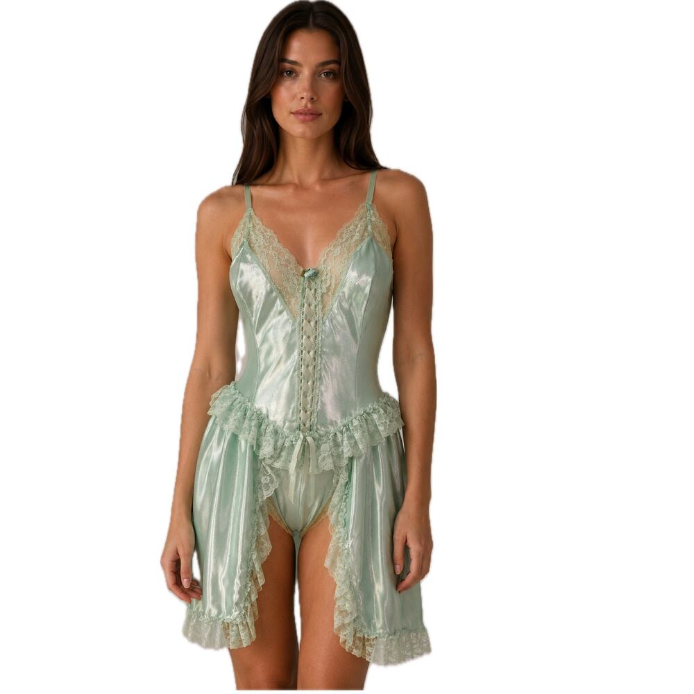 Vintage Minty Blue Satin Fairy Lace Slip Dress Lingerie Skirted Bodysuit M -